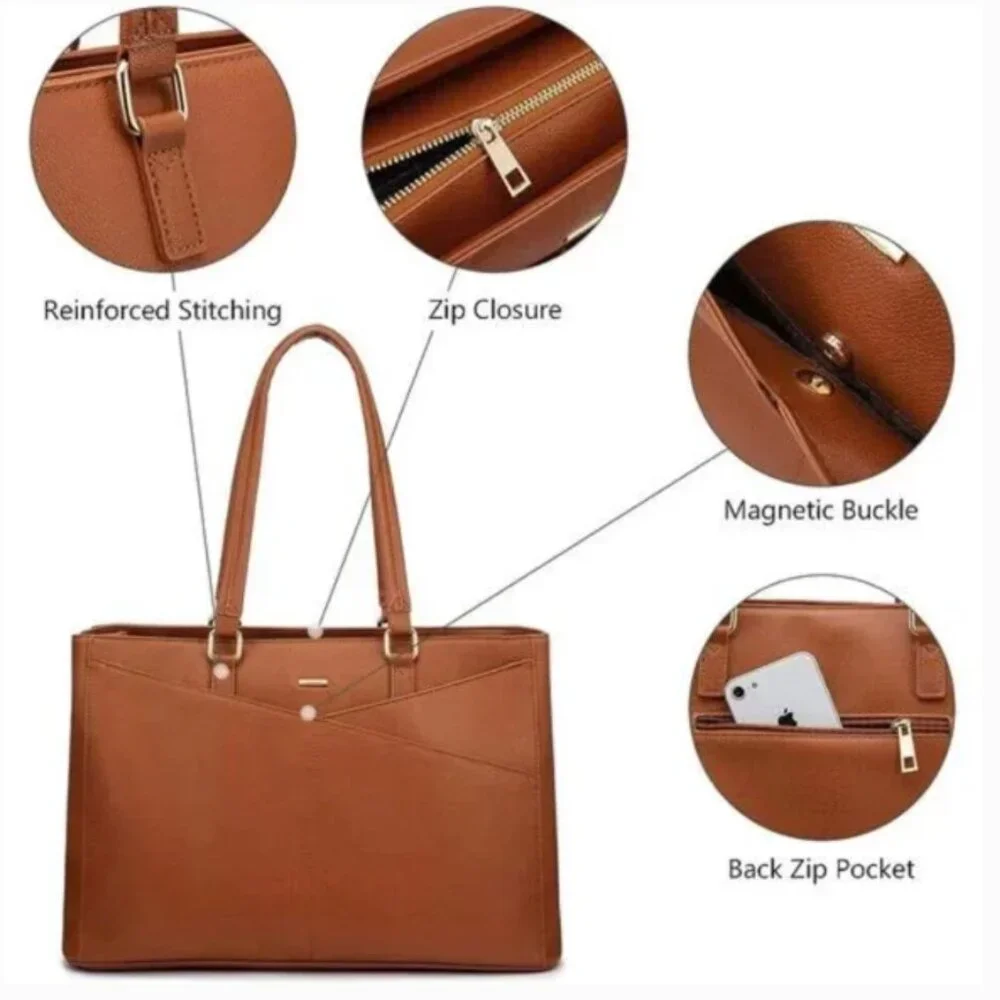 Laptop Tote Bag for Women 15.6Inch Waterproof Leather ComputerBag Women Business